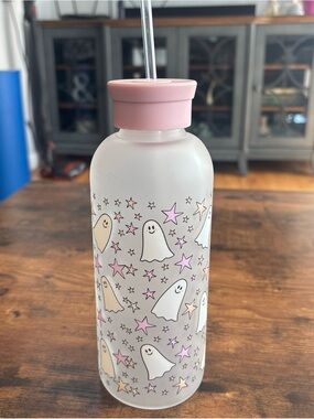 Pink Ghost & Star Reusable Water Bottle - Cute Frosted Bottle